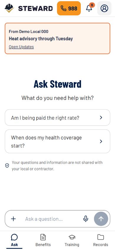 Steward Ask screen with a Demo Local 000 notice, suggested questions, and Ask, Benefits, Training, and Records tabs.