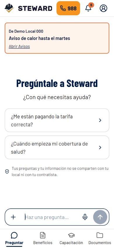 Pantalla de Pregúntale a Steward con un aviso de Demo Local 000, preguntas sugeridas y las pestañas Preguntar, Beneficios, Capacitación y Documentos.